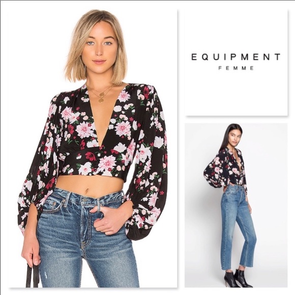 Equipment Tops - EQUIPMENT SOLO Silk Flowered Crop Top  Low V-Neck Top Wide Waist Bell Sleeve NWT